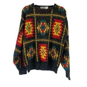 CC Sport Vintage Sweater Geometric Multicolored Pattern Pullover CrewNeck Men XL